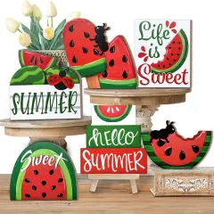 Summer Tiered Tabletop Decor, Red Green Watermelon Tray Decorations, Hello Summer Sweet Popsicle Ant Wooden Signs, Farmhouse Rustic Decorations for Home Table Shelf Mantel Party