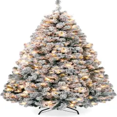 Snow Flocked Christmas Tree Full Green Pine with 250 Lights, Dense Branch Tips & Metal Stand for Indoor Winter Decor