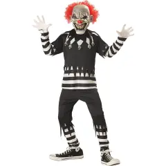 Creepy Clown Child Costume with Glow-in-the-Dark Mask, Black and White Outfit