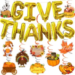 16 Inches Thanksgiving Foil Balloons and Banner - Give Thanks (Gold)