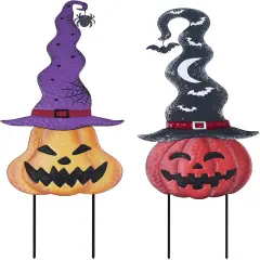 Set of 2 Pumpkin Garden Stakes with Witch Hats