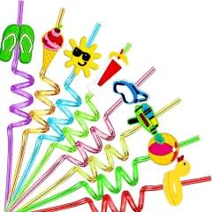 24PCS Beach Drinking Straws Reusable for Kids Pool Theme Birthday Party Favors Supplies Decorations