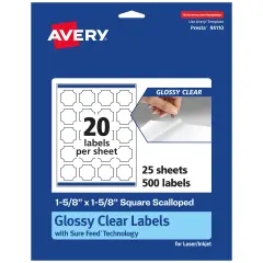 Avery Glossy Clear Square Scalloped Labels with Sure Feed, 1-5/8" x 1-5/8"