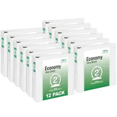 Office Essentials Economy View 3 Ring Binders, 2" Round Rings, 2.8" Spine, 375-Sheet Capacity, White Binders (12-Pack of 03428)