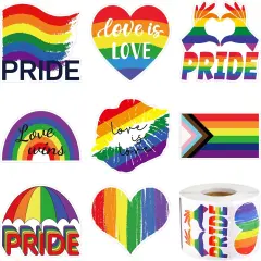 500 Pieces LGBTQ Pride Stickers Roll 8 Design Gay Pride Decal Stickers Self-Adhesive Rainbow Stripe Heart Stickers for Parades and Events