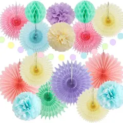 Pastel Party Decorations Rainbow Paper Fans Party Decorations Light Pink Blue Purple Tissue Paper Pom Poms Honeycomb Balls for Pastel Birthday Bridal Baby Shower Colorful Ice Cream Party Decorations