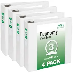 Office Essentials Economy View 3 Ring Binders, 3" Round Rings, 3.5" Spine, 460-Sheet Capacity, White Binders (4-Pack of 03148)