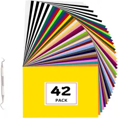 42 Pack Iron on Vinyl HTV Vinyl Sheets 30 Assorted Colors with 2 Teflon Sheets-12" x 10"