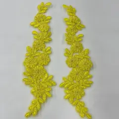 1 Pair 9.5" x 2" Each Side Beaded & Corded Floral Lace Applique Embroidered on 100% Polyester Net Mesh Yellow