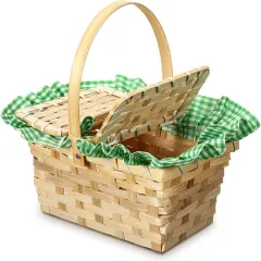 Mini Picnic Basket with Lid and Handle Small Gingham Woven Picnic Hamper (Green and White)
