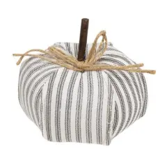 White and Grey Striped Fabric Pumpkin Decor with Jute Bow and Stick Stem Rustic Fall Accent