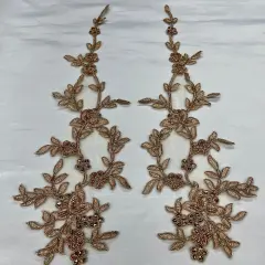1 Pair Beaded & Corded Floral Lace Applique 17" X 4.5" Each Side, 100% Polyester Net Mesh Rose Gold