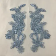 1 Pair Beaded & Corded Floral Lace Applique 9" x 2.5" Each Side Lt. Blue