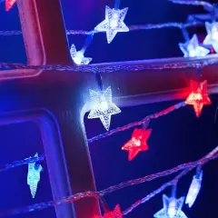 Red White Blue Solar Lights, 4th of July Decor Star String Lights 100LED Garden Solar Lights 51FT Waterproof 8 Modes for Outdoor Garden 4th of July Independence Day Memorial Day Decor