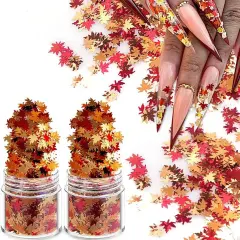 Holographic Glitters Fall Maple Leaf Shaped Nail Art Sequins Flakes 2 Pot