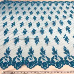 1 Yard Beaded Corded Lace Fabric Embroidered Elegant Mesh Bridal Gown 53" Width Turquoise