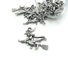 Silver Witch on Broom Halloween Charms, 30x37mm