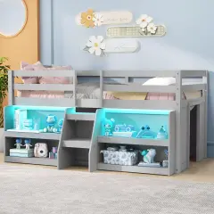 Twin Size LED Lighted Loft Bed with Staircase and Safety Guardrail Perfect for Kids Grey