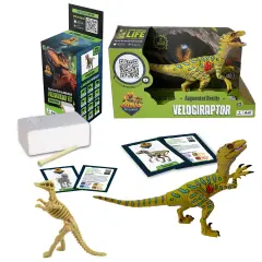 Dino Explorers: AR Dinosaur XL & Brick Combo - Velociraptor - 10" Articulated Sound Toy Figure & Paleontology Dig Kit, Augmented Reality Set, Kids 3+