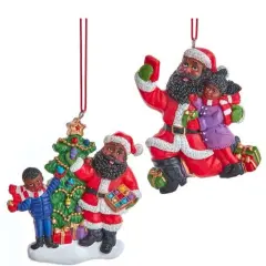 4" African American Santa with Children Ornaments &ndash; Set of 2 Assorted Christmas Decorations