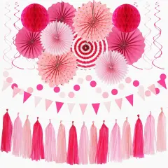 Hot-Pink Rose Red Party-Decorations - 33pcs Banner,Streamers Tassel Garland,Tissue Pom Poms Honeycomb,Paper Lanterns Fan,Birthday Wedding Bridal Baby Shower Bachelorette Engagement Decor