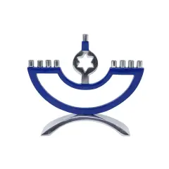 Metal & Enamel Candle Menorah with Star of David By Kinor Decor Blue