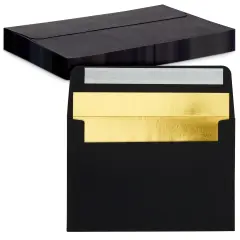 50 Pack Black 4x6 Envelopes with Gold Lining for Birthday Greeting Cards, Wedding Invitations, Photos, Self-Adhesive Peel and Stick (A6)