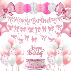 Pink Bow Party Decorations, 47 Pcs Coquette Birthday Party Decorations, Pre-Strung Happy Birthday Banner Bow Garland for Girls Birthday Baby Shower Bridal Shower Bachelorette Party Decor