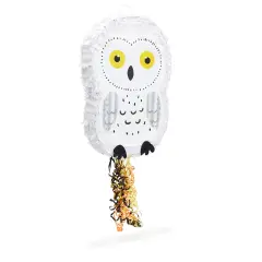 Small Owl Pull String Pinata for Woodland Birthday Party Decorations (17 x 13 In) White