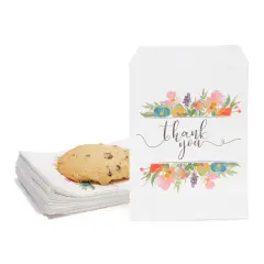 100 Pack Paper Cookie Bags, 7.5 x 5 Inch for Party Favors, Treats, Candy, Wedding, Individual Bag with Floral Thank You Design, Mini Gift Bags for Snacks, Goodies Multicolor