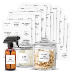 Talented Kitchen 144 Minimalist Laundry Room Labels - Preprinted Organization Stickers for Glass Jars, Containers, Spray Bottles (Black Print on White Matte Backing)