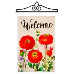 G128 Combo Pack Garden Flag Hanger 14IN & Garden Flag Spring Welcome Red Orange Flowers Printed 12x18IN Double Sided Yard Garden Lawn Decoration