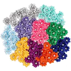 Satin Ribbon Daisy Flower Heads with Rhinestones, 10 Colors (1.2 in, 100 Pack) Multicolor