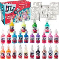 Fabric Paints- Set of 24 (1oz bottles) Ultra Bright 3D Colors- Includes Glitter, Metallic, Glow in Dark, Neon, 5 Stencils, & 3 Brushes, Non-Toxic, Permanent, Birthday Party Art Craft, Craft
