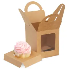 50-Pack Single Cupcake Boxes with Inserts for Bakery - Individual Kraft Paper Packaging Containers for Dessert and Candy Apple (3.7 in) Brown