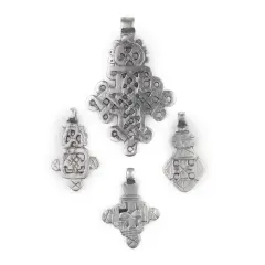 The Bead Chest 4 Pack: Ethiopian Silver Coptic Cross Pendants African White Metal Large Hole Handmade