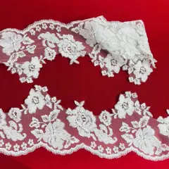 1 Yard Beaded Floral Lace Trimming on 100% Polyester Mesh, Embroidered Lace for Dresses & Decor White with Silver