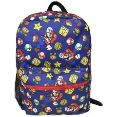 All Over Print 16" Navy Blue Unisex Super Mario Classic Backpack for School
