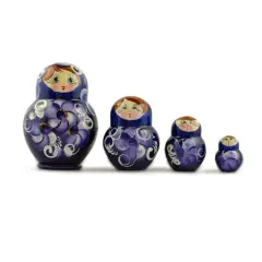 Set of 4 Miniature Wooden Nesting Dolls Matryoshka in Blue Dress3 Inches