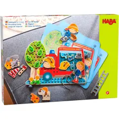 HABA Fire Engine Rescue Themed Lacing Toy Set for Preschool Learning, Fine Motor Skills Development Game with 38 Threading Tiles and 2 Template Cards Multicolor