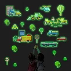 Glow in The Dark Cartoon Construction Vehicle Stickers,DIY Green Luminous City Car Truck Excavator Helicopter Wall Decals for Baby Nursery Boys Bedroom Playroom Wall Decor