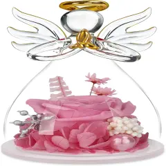 Preserved Flowers Rose in Glass Angel Figurines