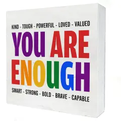 You Are Kind Tough Powerful Enough Wooden Box Sign Desk Decor LGBT Quotes Wood Block Plaque Box Signs Pride Box Sign for Home Shelf Table Decoration (5 X 5 Inch)