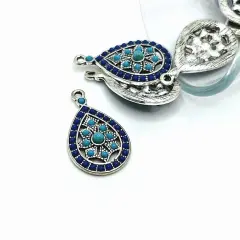 Antique Silver and Blue Boho Teardrop Charms, 29x17mm