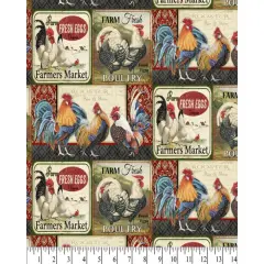 Farmers Roosters Cotton Fabric | By the Yard | Sewing and Crafting | 44 inches wide