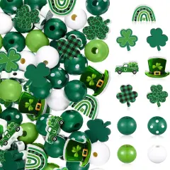 200 Pieces St. Patrick's Day Wood Beads Green Wood Spacer Round Beads St. Patrick's Day Wooden Craft Kits for DIY Crafts Garland Home Party Decor Ornaments (Shamrocks Style)