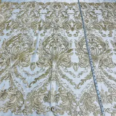 1 Yard White Corded Bridal Lace Fabric, 48&rdquo; Wide Embroidered Polyester Mesh Gold