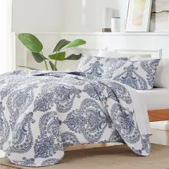 Soft Microfiber Reversible Blue/White Baroque Design Quilt Set