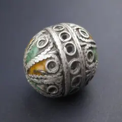 The Bead Chest Artisanal Enameled Round Silver Berber Bead 28mm Morocco African Oval White Metal Handmade