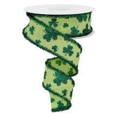 1.5" Glitter Shamrock Tinsel Ribbon: Bright Green (10 Yards)